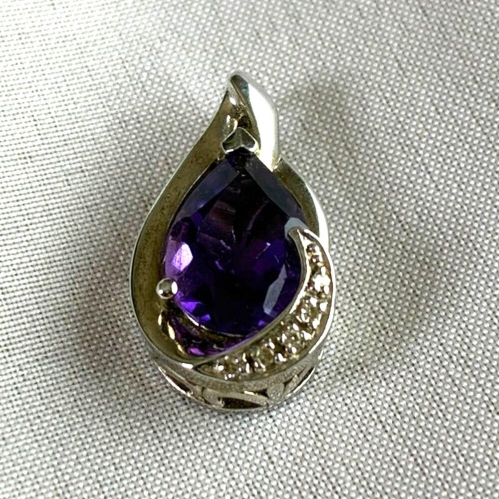Alwand Vahan 925 Sterling Silver Amethyst Diamond Chip Teardrop Pendant 2.2g